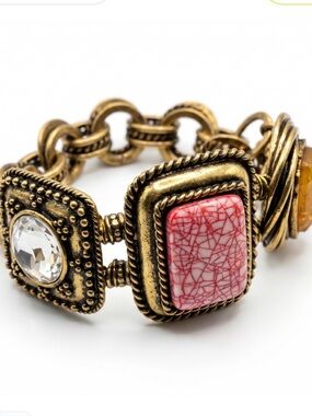Vintage-Inspired Gold Tone Fashion Bracelet with Multicolor Stones